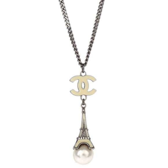 Chanel Eiffel Tower Artificial Pearl Rhinestone Silver Chain Necklace 06C 195598 - Picture 1 of 4